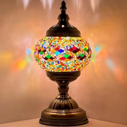 SILVERFEVER Handcrafted Mosaic Turkish Lamp Moroccan Glass Table Desk Bedside Light Bronze Base with E12 Bulb Multicolored Glass Mosaic(Dark Purple Wave)