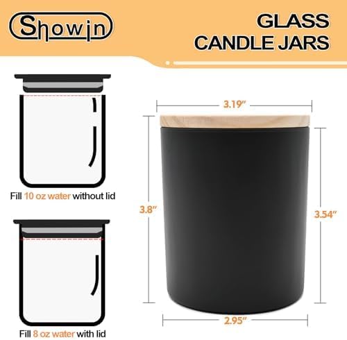 SHOWIN Thick Candle Jars for Making Candles 12 Pcs, 10 OZ Empty Jars with Wood Lids for Candle Making, Sample Container, Matte Black