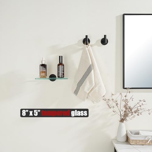 JQK Bathroom Glass Shelf Black, Tempered Glass Shower Storage 8 by 5 inches, 304 Stainless Steel Matte Black Wall Mount, TGS101L8-PB
