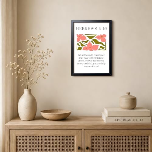 Framed Hebrews 4:16 Bible Verse Wall Art, Christian Floral Canvas Wall Decor Painting, Boho Religious Inspirational Scripture Print Poster Picture for Living Room Bedroom Prayer Room Home Decor 12x16 Inch