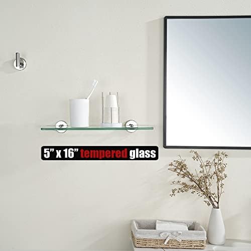 JQK Bathroom Glass Shelf Chrome, Tempered Glass Shower Storage 16 by 5 inches, 304 Stainless Steel Polished Chrome Wall Mount, TGS101-CH