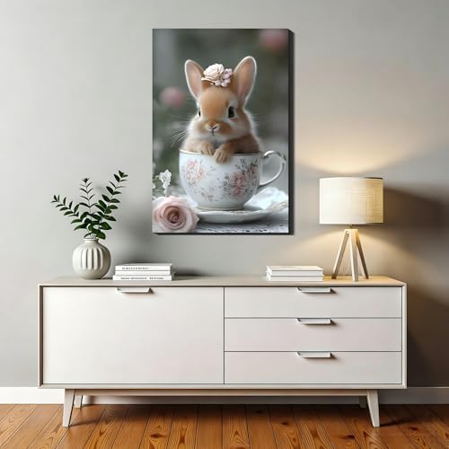 Large Bunny in a Teacup Easter Framed Canvas Wall Art, Rabbit Pictures Prints for Kitchen, Bright Spring Canvas Art & Holiday Home Office Wall Decoration, Ready to Hang, 20x30
