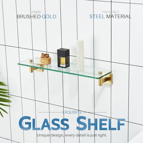KOKOSIRI Wall Shelves Floating Shelf 20'' Gold Stainless Steel Bathroom Hardware Tempered Glass Hanging Rack Storage/Room Decor 2 Pack B1105BG-L20-P2