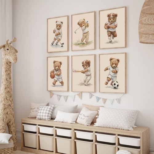 Joocrise Nursery Teddy Bear Wall Decor Boy Room Wall Art Baby Canvas Prints Vintage Sports Decor Pictures Teddy Bear Poster Nursery Painting for Playroom Bedroom 12x16 Inch Unframed Set of 6