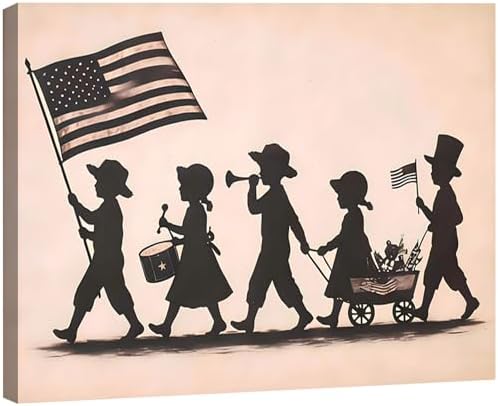 RIBNTAK Vintage Kids Patriotic Parade Wall Art for Kids Room, American Flag Silhouette Poster for Home Office Decor, 4th of July Pictures Wall Decor, Unique Independence Day Canvas Prints