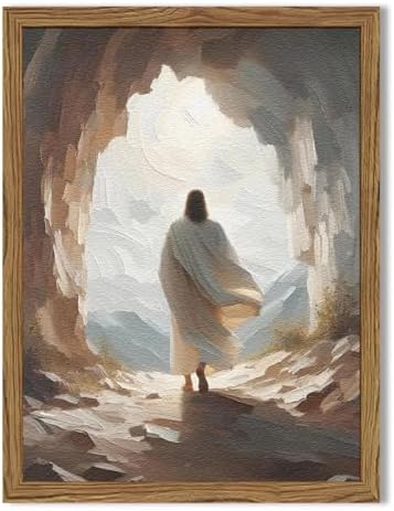 Jesus Leaves the Tomb Wall Art Easter Christian Wall Decor Painting Jesus Resurrection Artwork Religious 3D Textured Hand Drawn Sandstone for Bedroom Living Prayer Room 12x16 inch Wood Framed