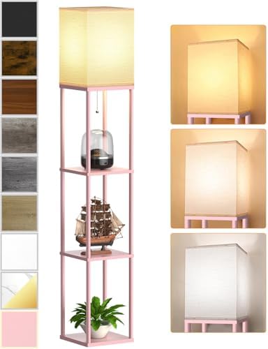 Pink Floor Lamp with Shelves for Living Room, Shelf Floor Lamp with 3 CCT LED Bulb, Corner Display Standing Column Lamp Etagere Organizer Tower Nightstand with White Linen Shade for Bedroom, Office