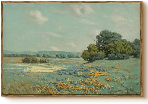 WHASAYART Vintage Large Framed Wall Art Summer Landscape Canvas Print 16x24 | Rustic Nature Scenery Wall Decor, Countryside Wildflower Meadow Artwork for Living Room Bedroom Farmhouse Home Decor Gift