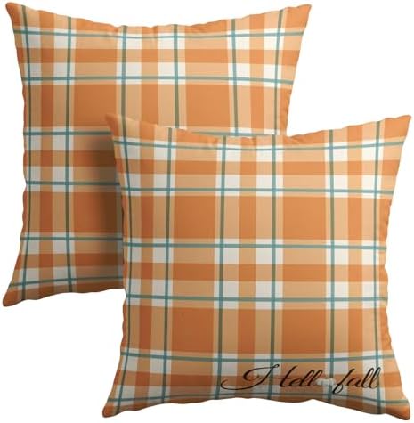 Orange Stripe Fall Throw Pillow Cover 18x18 Inch Set of 2 Hello Fall Stripes Buffalo Plaid Decorative Pillow Protector Pumpkin Autumn Thanksgiving Outdoor Cushion Case for Home Sofa Porch