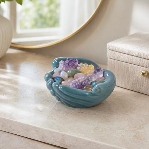 Ceramic Hands Bowl Dish Sculpture, Giving Hands Candy Holder for Succulent Planter, Crystal Rock Holder, Office, Keys Bowl for Entryway Table (Blue)