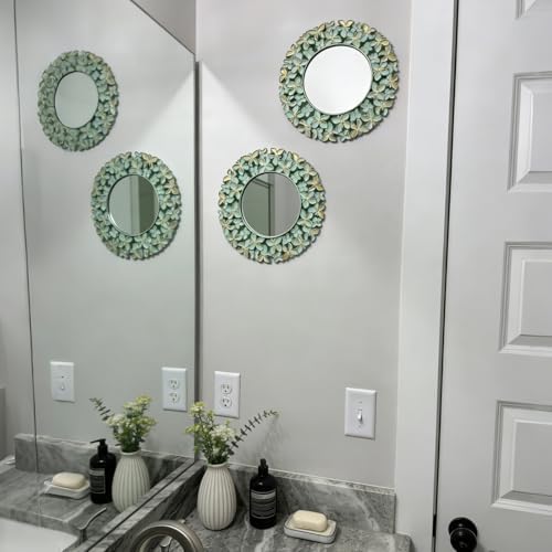 DXYAKY 3 Pack Floral Ornate Decorative Wall Mirror - Elegant Mint Green with Gold Accents, 9.8" Plastic Round Mirror Set, Lightweight Wall Art Décor for Bedroom, Bathroom, Living Room & Entryway