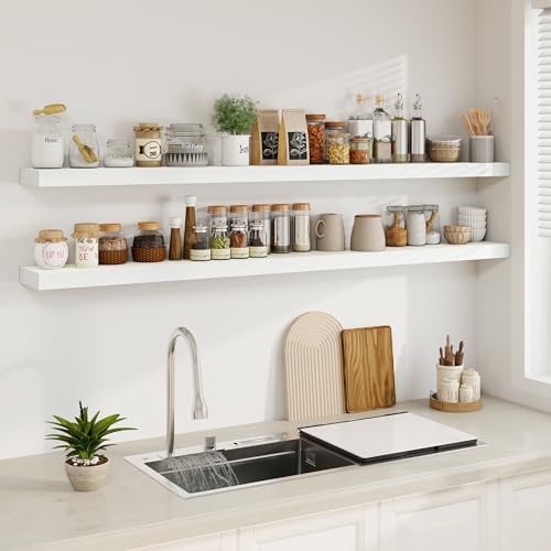 Fun Memories 72Inch Floating Shelves,Wall Mounted Rustic Wood Floating Shelf with Invisible Brackets for Storage & Decor,2 Pack Shelves for Bathroom,Bedroom and Kitchen,White