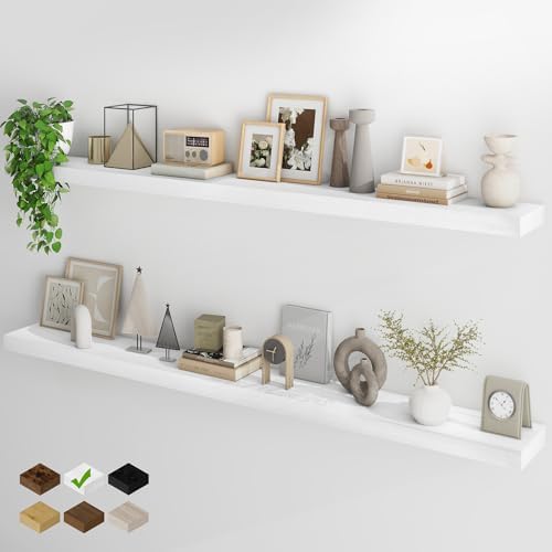 Fun Memories 72Inch Floating Shelves,Wall Mounted Rustic Wood Floating Shelf with Invisible Brackets for Storage & Decor,2 Pack Shelves for Bathroom,Bedroom and Kitchen,White