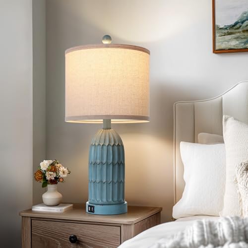 Cinkeda Coastal Table Bedside Lamps Set of 2, Farmhouse 3-Way Dimmable Touch Nightstand Lamp with 2 USB Charging Ports, Vintage Bedside Lamp for Bedroom Living Room End Table Retro Blue