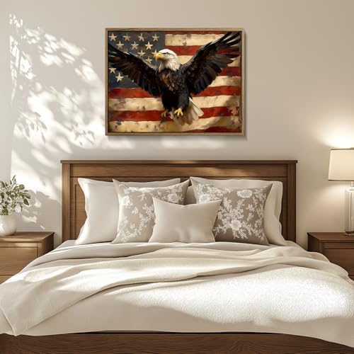 American Flag Framed Canvas Wall Art, 4th of July Patriotic Canvas Prints | USA Flag with Bald Eagle Poster Print, Vintage Independence Day Wall Decor for Bedroom Living Room 24×36in