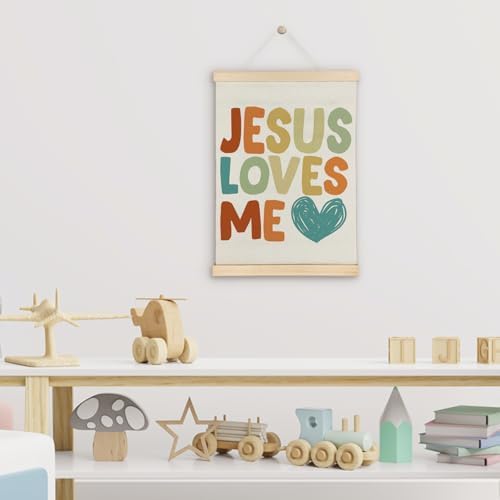 SereneHanctuary Christian Kids Wall Art, Bible Verses Wall Decor,Jesus Loves Me Poster Hanger Frame for Bedroom Nursery Kids Toddler Room Decor,12X16Inches