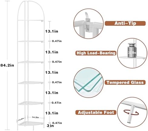 Crofy 6-Tier Foldable Corner Shelf, Metal White Frame & Transparent Shelves