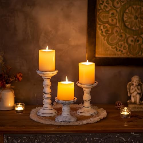 Candeldo Wood Candle Holders for Pillar, White Farmhouse Fireplace Decor