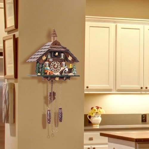 Cuckoo Clock Wall Art, 12 Melodies, Volume Control, Night Mode, Germany Style Black Forest Retro Handcrafted Wooden Chalet, Traditional Rustic Home Decor, Gift for Family (10.5" x 23")