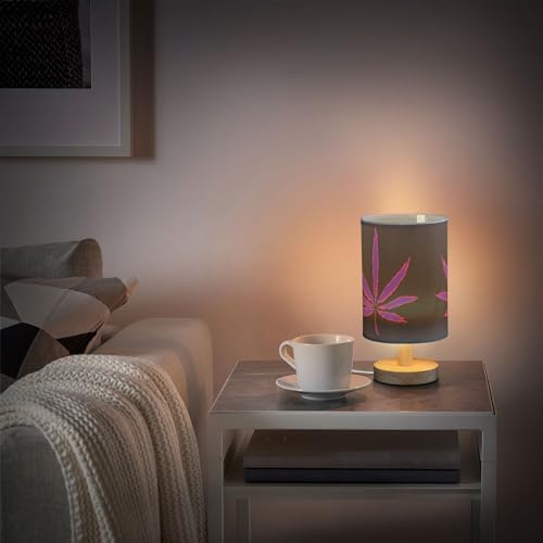 Table Lamp Neon Purple Marijuana Leaf Cannabis Weed Leaves on Black Nightstand Lamp with Wood Base Fabric Lamp Shade Bedside Desk Lamp for Living Room Bedroom Kids Room Office