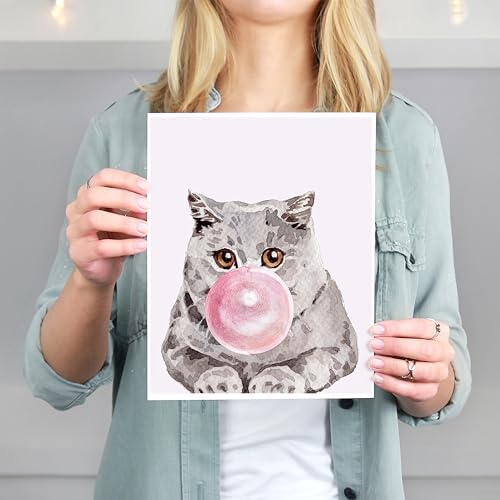 DREAM BIG PRINTABLES Cat Blowing Bubble Gum | British Shorthair Art Print - 11x14 (Unframed) | Adorable Feline Decor for Cat Lovers