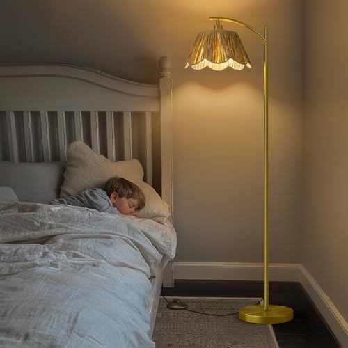 Oneach Arc Floor Lamp for Living Room,Rattan Boho Floor Lamp Decor with Hand-Woven Shade, Foot Switch,Gold Metal Base & Pole,Farmhouse Standing Lamp for Bedroom Corner,Reading