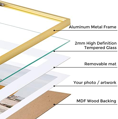 Fun Memories 16x16 Metal Picture Frame with 12x12 Mat, Brushed Aluminum Finish, Tempered Glass Front, and Attached Hanging Hardware - Wall Display Frames for Vertical or Horizontal Set of 3 - Gold