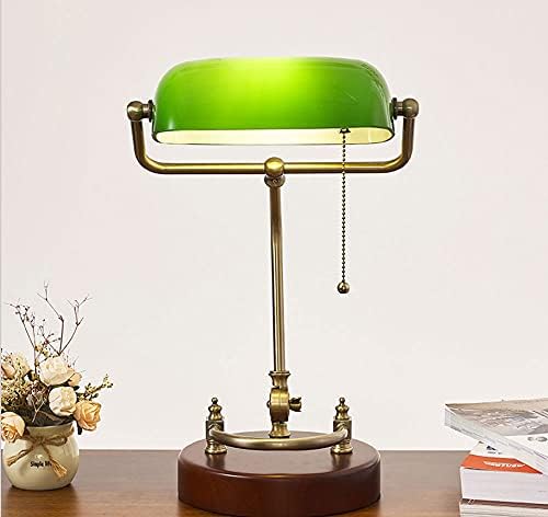 Table lamp Emerald Green Glass Reading Light Wooden Base 1920's Classic Banker lamp Green Pull Switch LED Desk lamp Adjustable 360 Degree lampshade Office/Bedroom/Study E27. (Model-B)