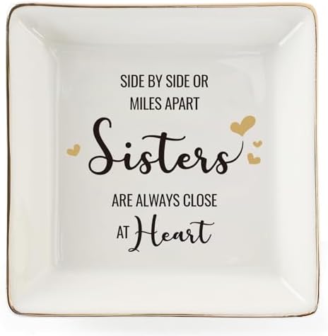 HOME SMILE Sister Gifts From Sister Ring Dish Tray, Valntine's Day Galentines' Gifts For Sister-Sister Will Always Be Connected By Heart Jewelry Dish Birthday Wedding Gifts For Sister