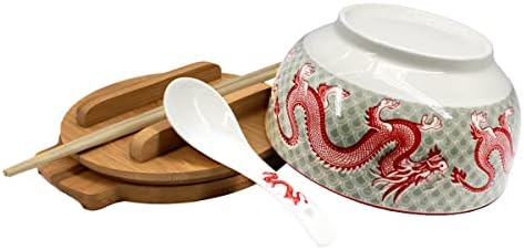 XWORLD Japanese Ceramic Ramen Noodle Bowls Set with Ceramic Spoon, Bamboo Chopsticks, Lid & Trivet, Serving Capacity of 33.8 OZ, Microwavable Oven Safety (3.3” x 6.6” D) (Red Dragon)