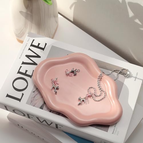 Jewelry Dish Trinket Tray for Women, Ring Dish Holder, Unique Cloud Shape Ceramic Plate Cute Things Vanity Aesthetic Room Decor Mother's Day Birthday (Pink)