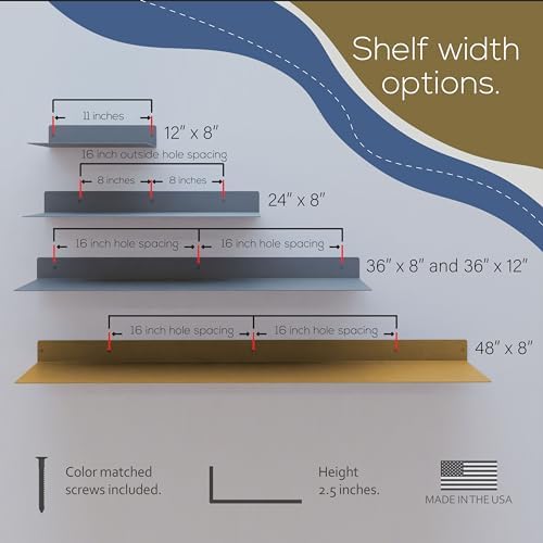 48x8 in Metal Floating Shelf Gold Wall Mounted - Made in The USA - Bedroom, Living Room, Bathroom, Kitchen