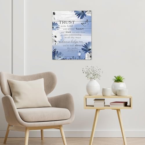 LB Rustic Blue Floral Wall Art for Bathroom Bible Verse on Vintage Grey Wood Canvas Wall Art Wall Paintings Home Decor Butterfly Wall Pictures for Living Room Bedroom Office Ready To Hang,12x12 Inch