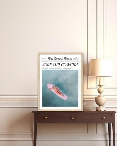 iHery 12x16in Surf’s Up Cowgirl Framed Newspaper Wall Art | Natural OAK Wood Frame with Canvas Print, Coastal Western Decor for Bedroom, Girl Dorm, Living Room and Bar Cart, 1Pack