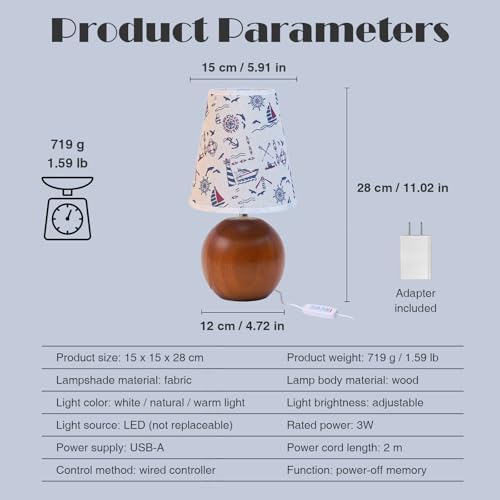 Vintage Wooden Night Lamp, Wood Base Fabric Lampshade, Adjustable Light Color and Brightness with Power-Off Memory, Safe USB Powered, Retro LED Table Light for Bedroom Living Room Office (Voyage)