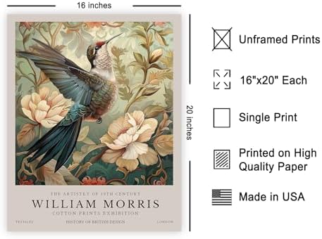 Poster Master Hummingbird Print - William Morris Poster - Flower & Animal Illustration - Botanical Exhibition Wall Design - Floral Bird Artwork - Aesthetic Office or Bedroom Decor - 16x20 UNFRAMED Wall Art