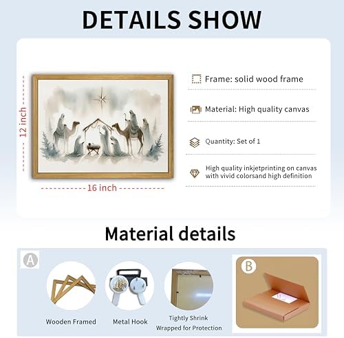 Framed Jesus Wall Art, Christian Wall Decor Paintings, Jesus Nativity Canvas Print Picture, Large Religious Room Decor Oin Painting for Living Bedroom Church 12x16 Inch