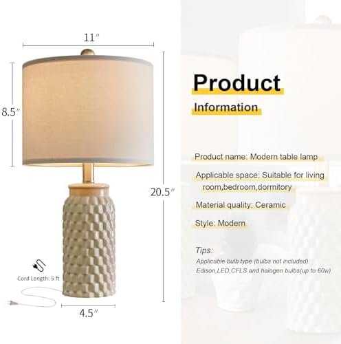 USumkky 20.5" Ceramic Table Lamps Set of 2 - Modern Farmhouse & Boho Style, Bedside Nightstand Lamps for Bedroom, Living Room End Table Lamps, Small Desk Lamp(Cream)