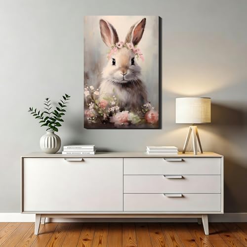 Framed Vintage Easter Bunny Wall Art - Muted Spring Rabbit Oil Painting Print, Farmhouse Easter Wall Decor, Rustic Cottagecore Animal Picture for Shelf, Mantle & Holiday Home Decor