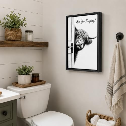 Framed Funny Bathroom Wall Art, Highland Cow Are You Pooping Canvas Print, Black and White Humor Bathroom Animal Decor for Restroom Toilet 12x16in