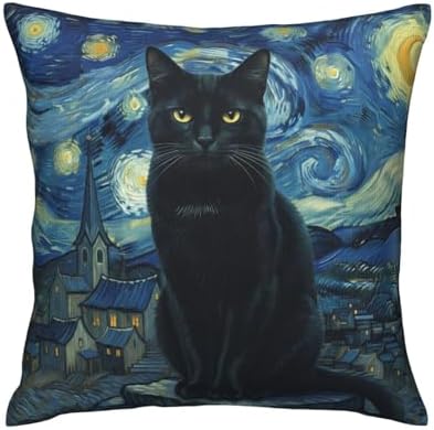 Black Cat Starry Night Throw Pillow Cover, 18x18 Inch