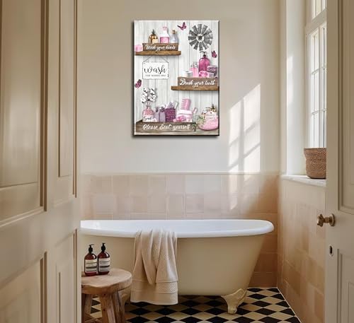 Pink Farmhouse Bathroom Canvas Wall Art Vintage Rustic Country Toilet Painting Picture Wall Decor Poster Print Artwork for Washroom Restroom Home Decoration
