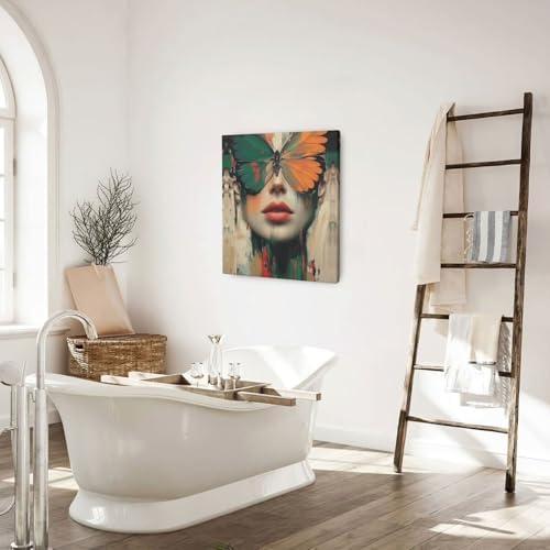 Crekviy Butterfly Pictures Wall Decor Girl Butterfly Canvas Wall Art Vintage Woman Prints Painting Artwork Decorations for Bathroom Bedroom Living Room Framed Girl Gifts 20"x24"