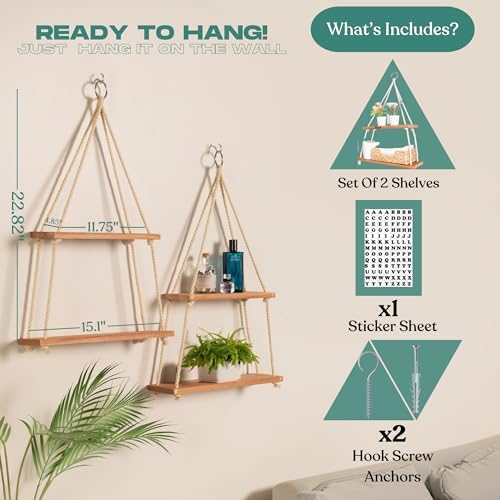 Hanging Shelves for Wall, Living Room, Bedroom - Boho Room Decor Aesthetic - Hanging Plant Shelf Decor - Floating Shelves - Rope Shelves for Bedroom Aesthetic | Boho Decor by NWOOD | Design Patented