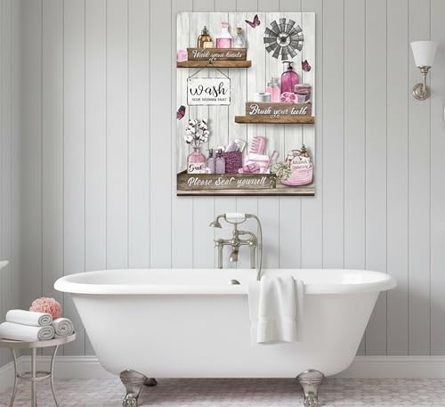 Pink Farmhouse Bathroom Canvas Wall Art Vintage Rustic Country Toilet Painting Picture Wall Decor Poster Print Artwork for Washroom Restroom Home Decoration
