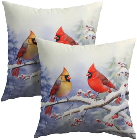 Cardinal Birds Throw Pillow Cover Winter Sweet Bird Pillowcase 20x20 Inch Set of 2 Christmas Holiday Cushion Covers for Home Patio Sofa Bedroom Decor