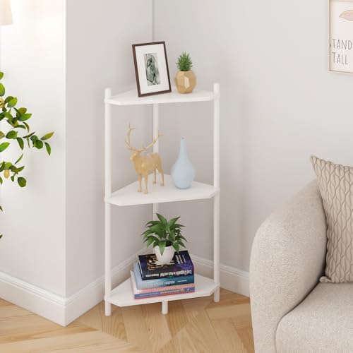 Wisuce White Small Corner Shelf Stand, 3-Tier Bamboo Corner Bookshelf