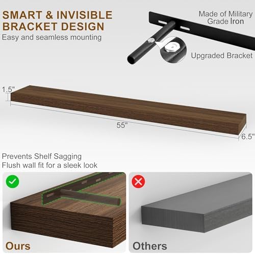 Fun Memories 55 Inch Fireplace Mantel - Long Floating Shelf, Wall Mounted Farmhouse Display with Invisible Heavy Duty Metal Bracket, 2 Pack, Walnut