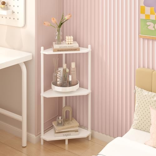 Wisuce White Small Corner Shelf Stand, 3-Tier Bamboo Corner Bookshelf