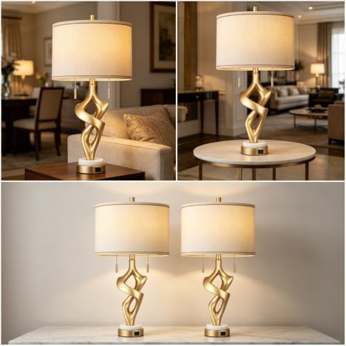ROTTOGOON Gold Table Lamps for Living Room Set of 2, Modern Nightstand Lamps with Marble Base & Charging Ports, Rustic Resin Table Lamp for Bedrooms with Pull Chains Switch, 4 x Bulbs Included, 26"